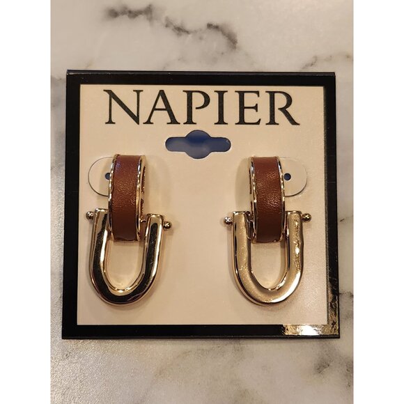 Gold-Tone & Brown Napier Faux Leather Hoop Earrings - Picture 1 of 5